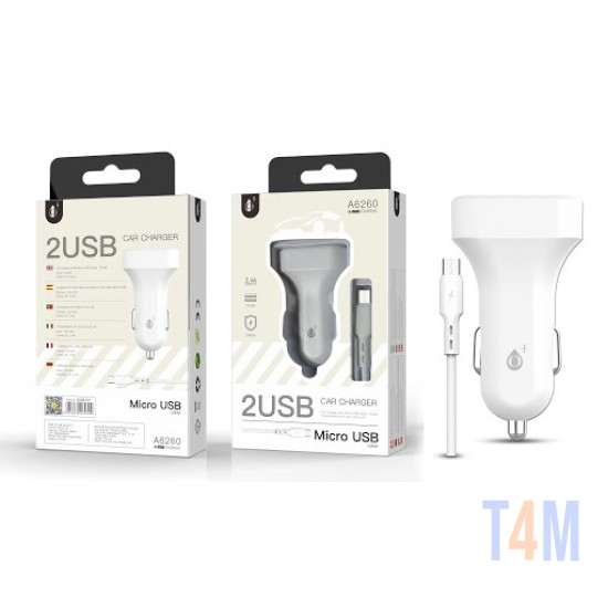 ONE PLUS A6260 CAR LIGHTER CHARGER WITH MICRO USB CABO, 2USB, 2.4A BRANCO ( 2002171 )